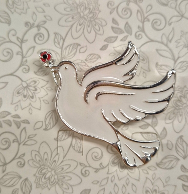 Dove Brooch with Red Poppy